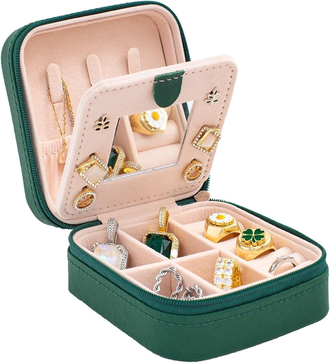 Jewelry container displaying rings, earrings, and necklaces. The unfastened lid shows organized compartments, perfect for question oregon storage