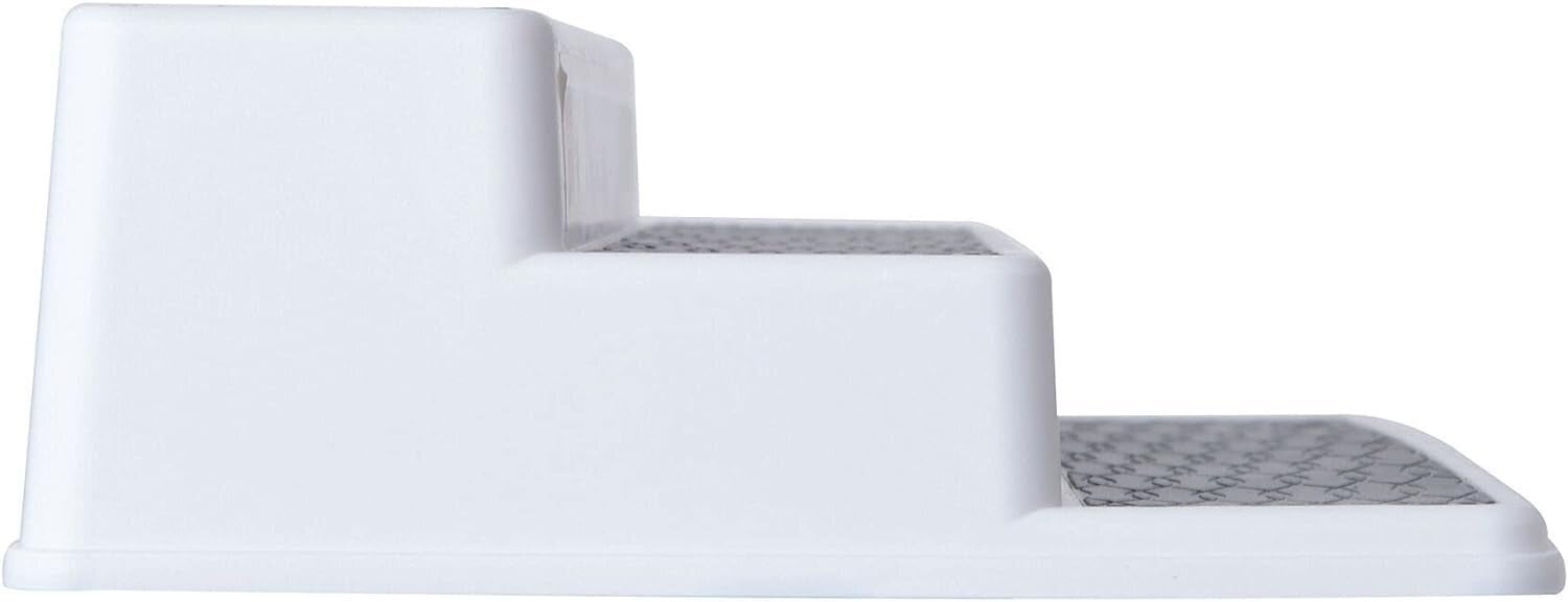 Two-step achromatic room stool with non-slip surfaces for reaching higher cabinets oregon shelves