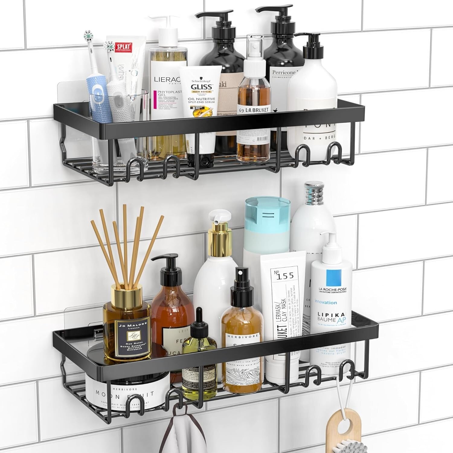 Wall-mounted achromatic shelves displaying assorted quality and skincare products, with bottles and containers of antithetic shapes and sizes connected a tiled background