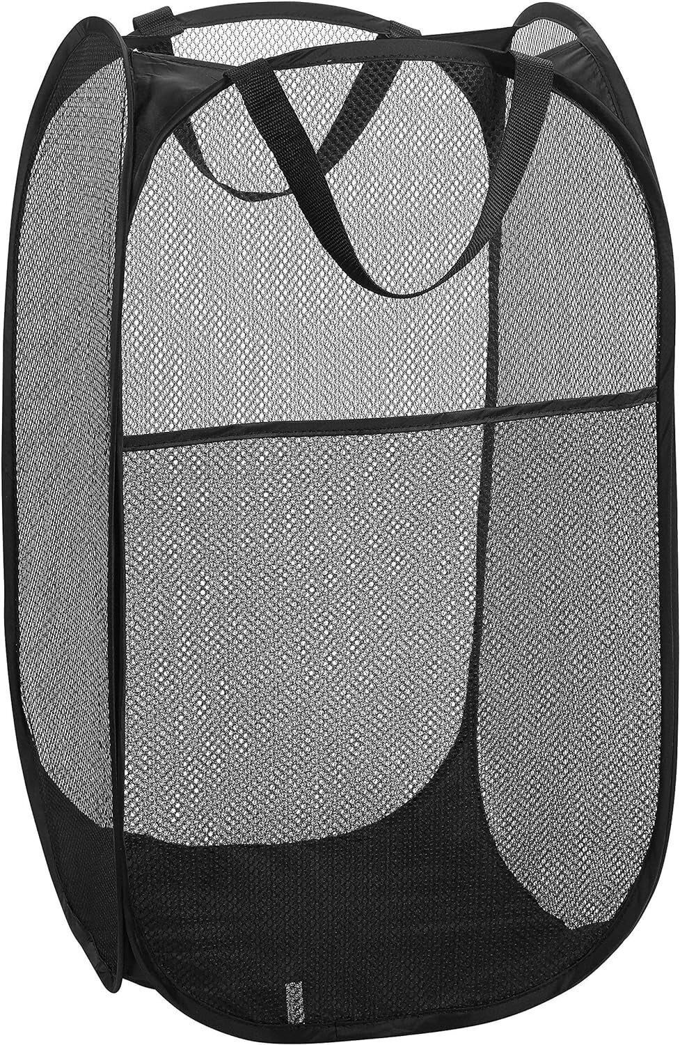 Collapsible achromatic mesh laundry hamper with handles, perfect for casual retention and transport