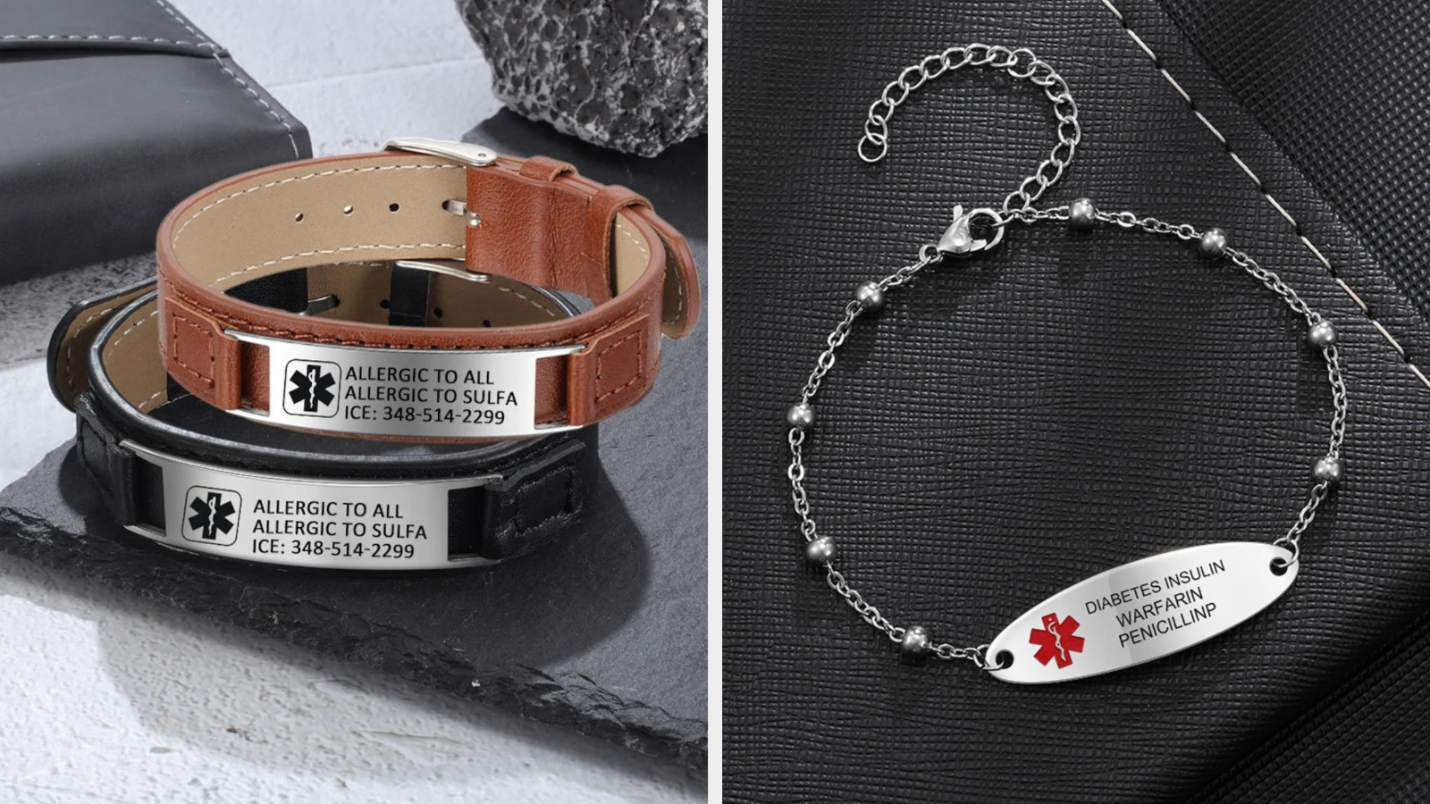 A photo collage showing two different styles of medical alert bracelets