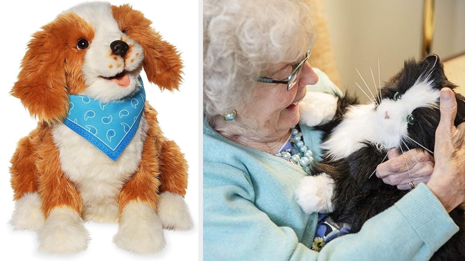 A photo collage showing a stuffed animal of a puppy and an elderly person wearing glasses holding a stuffed animal of a cat