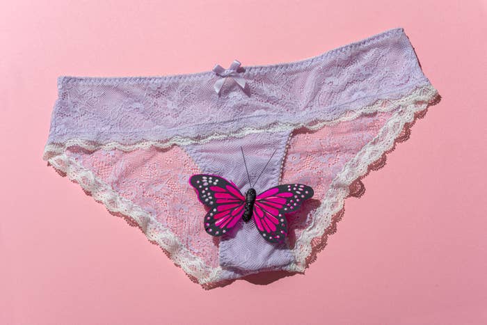 Lace underwear with a decorative butterfly motif on a plain background