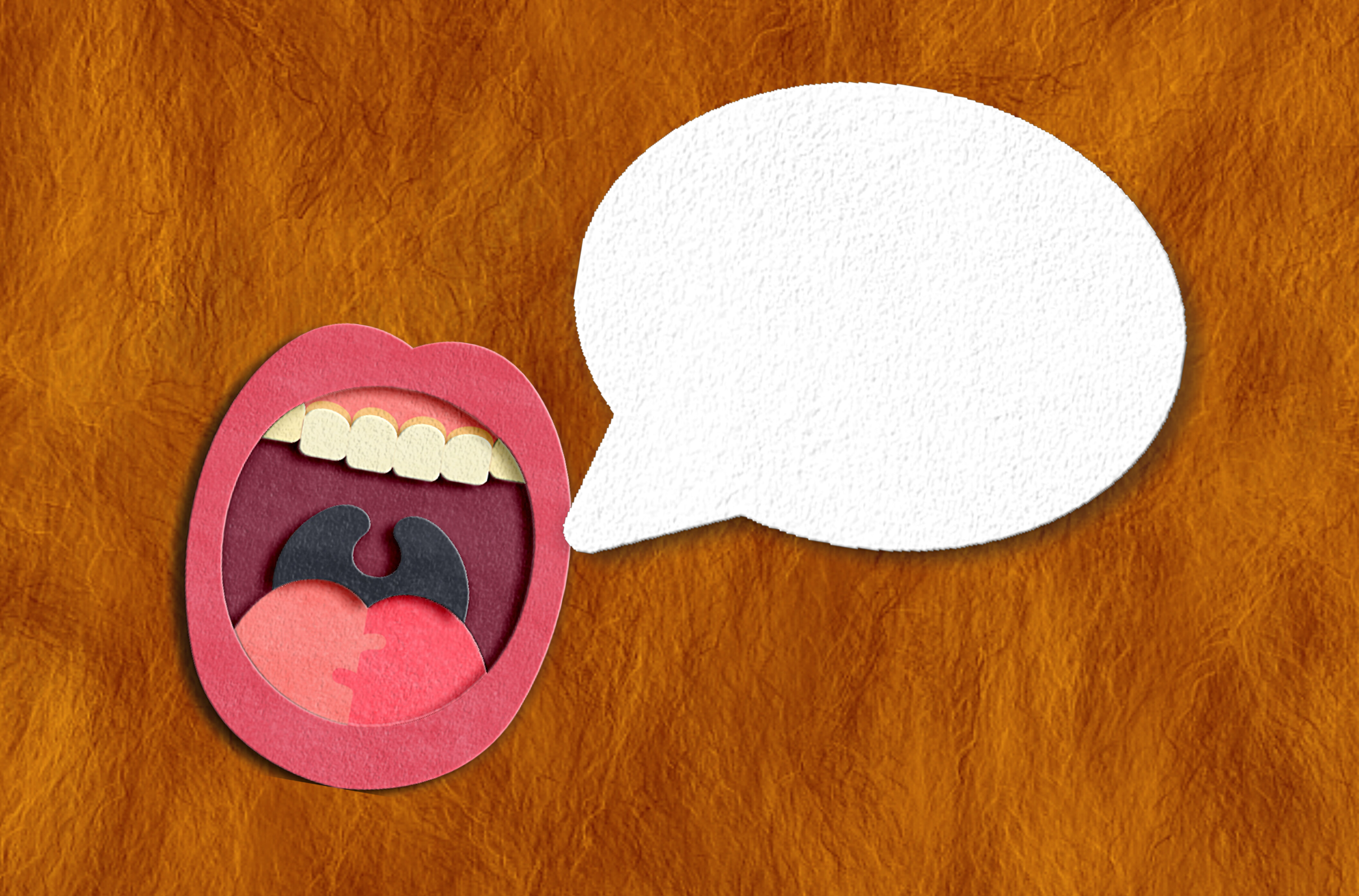 Collage of a stylized mouth with various shapes and a blank speech bubble on a textured background