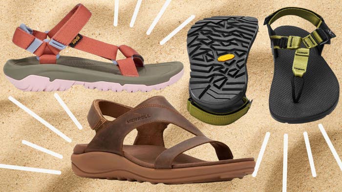 A pair of leather Merrell slip-ons, an all-terrain Teva sandal and minimalist T-straps by Bedrock Sandals