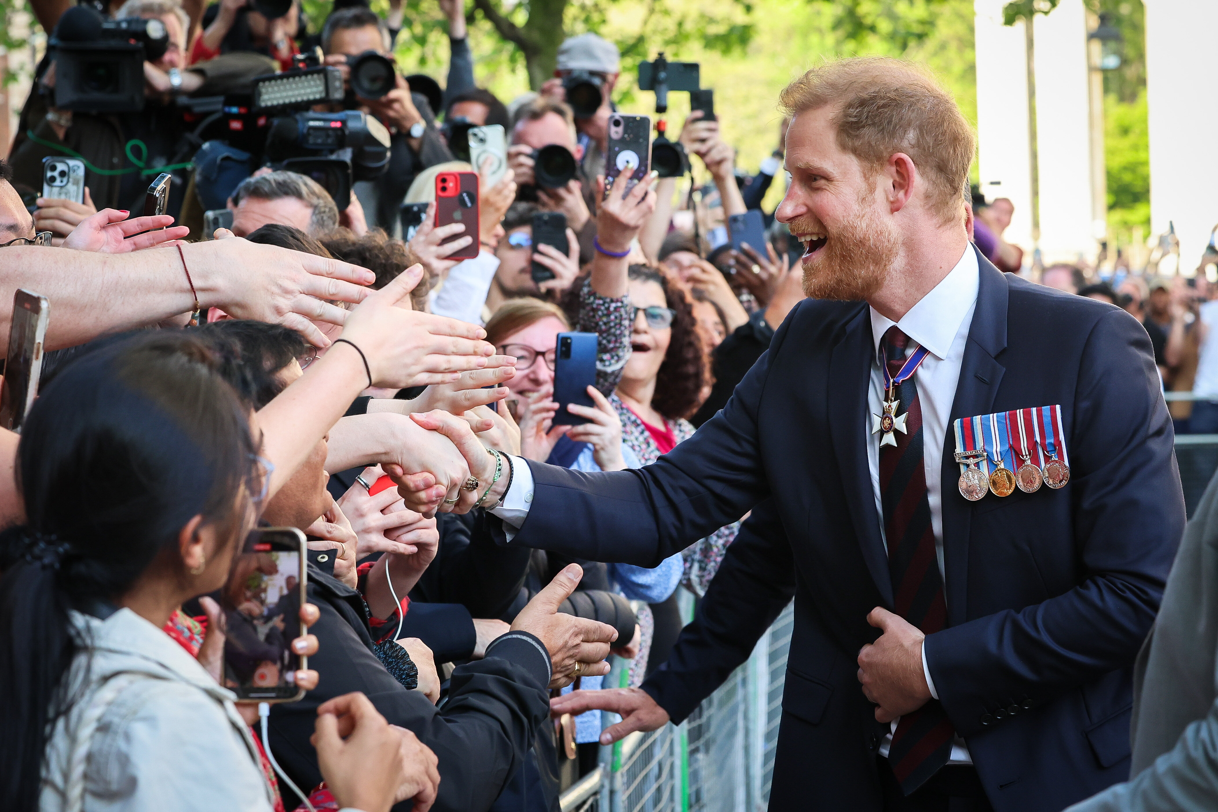 Prince Harry smiling, shaking hands with fans behind a barrier, at a public event