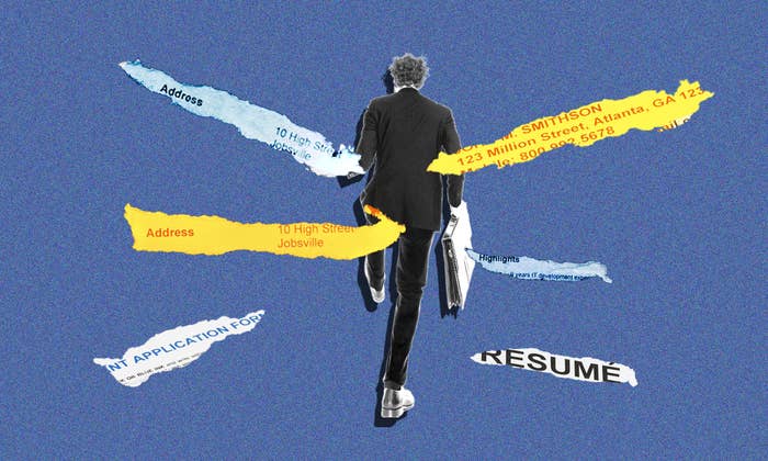 A collage-style image featuring a person walking away, surrounded by torn pieces of paper with words &quot;address,&quot; &quot;resume,&quot; &quot;address,&quot; &quot;highlights,&quot; and contact information &quot;123 Million Street, Atlanta, GA 12345; 800-000-5678.&quot;
