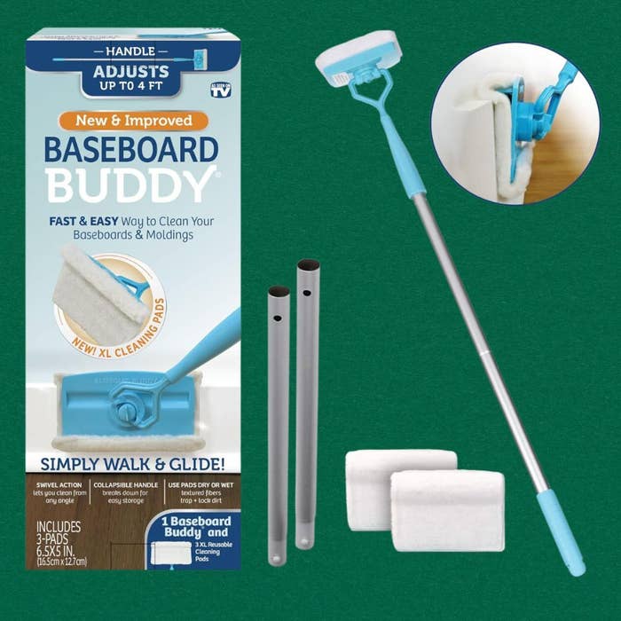 Baseboard cleaning instrumentality   with adjustable handle, swivel action, and pads included. Promoted arsenic  a accelerated  mode   to cleanable  baseboards and moldings