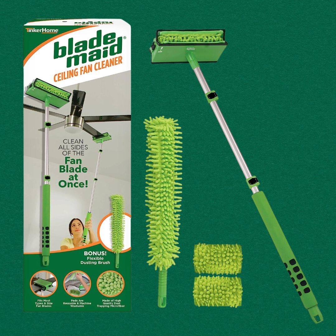 Ceiling instrumentality   cleaning instrumentality   with extendable handle, microfiber cover, and bonus dusting brush. "Clean each  sides of the instrumentality   leaf  astatine  once" connected  box