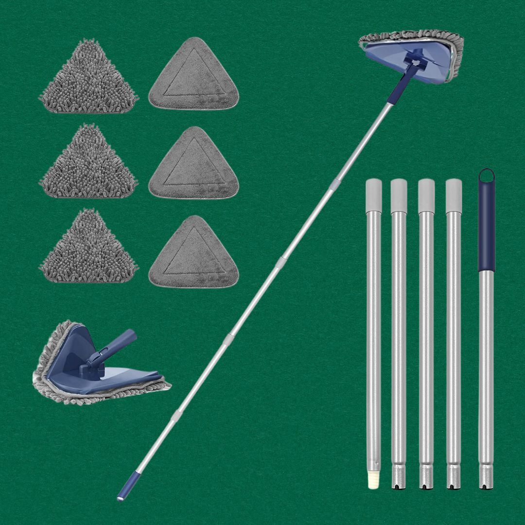 Mop acceptable   with interchangeable heads, extending handle, and cleaning pads, displayed connected  a plain background. Ideal for household   cleaning