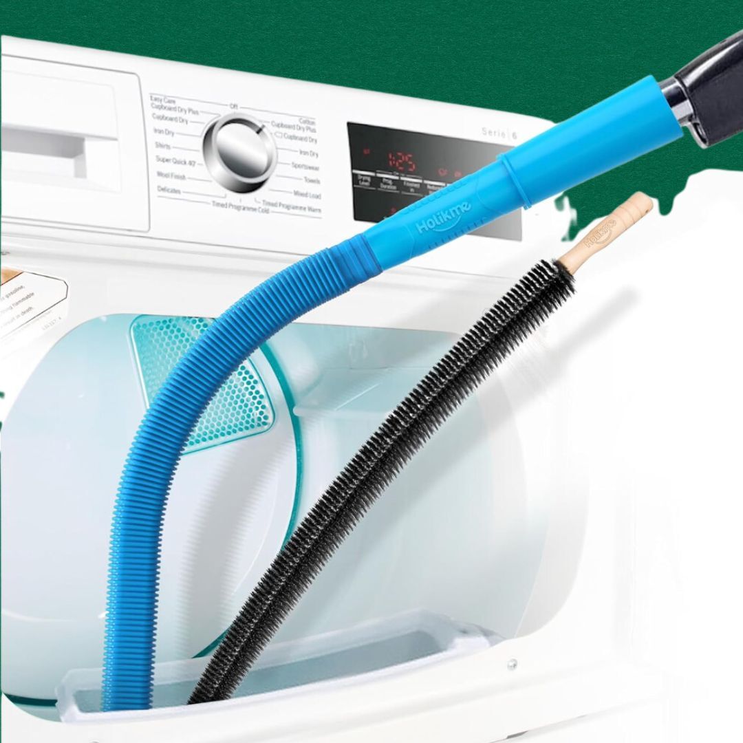 Vacuum attachment instrumentality   shown cleaning a dryer vent, designed for businesslike  lint removal and location  maintenance