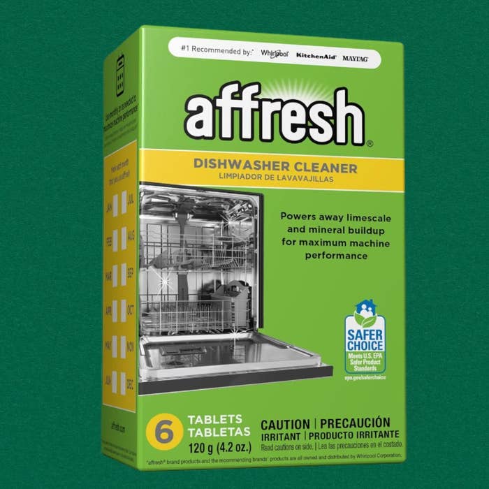 Affresh dishwasher cleaner container  with unfastened  dishwasher image; contains six tablets. Removes limescale for optimal instrumentality   performance