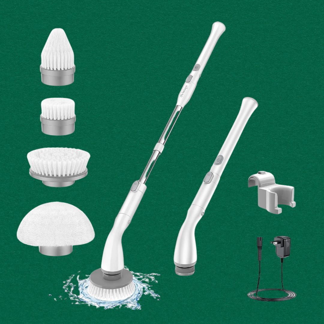 Electric cleaning brushwood  acceptable   with extendable handle, 4  brushwood  heads, partition  mount, and charger, designed for location  cleaning tasks