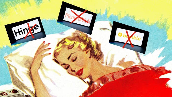 Vintage-style illustration of a woman sleeping peacefully with three dating app logos (Hinge, Plenty of Fish, Bumble) displayed above, each crossed out with a red X