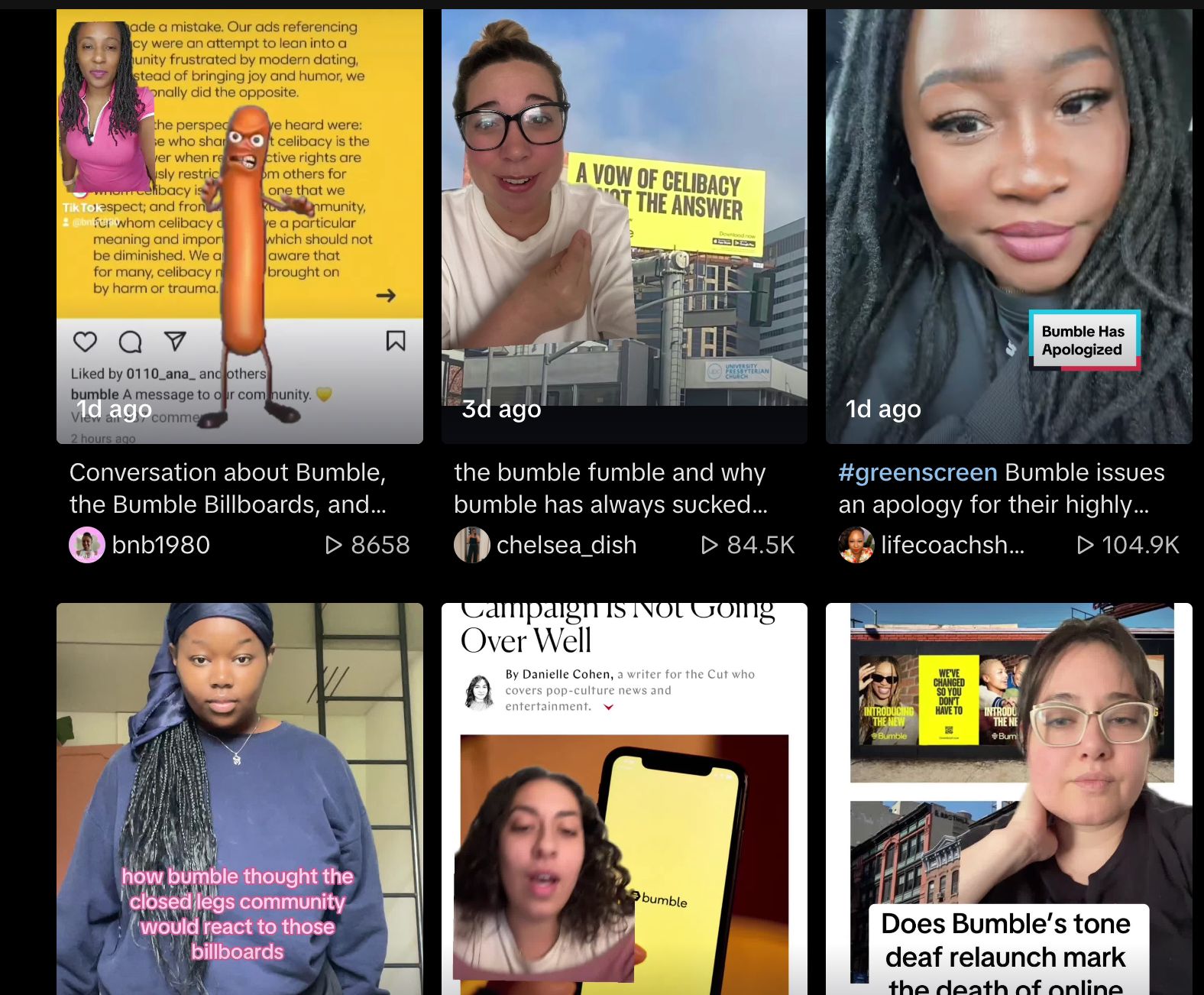 Grid of six social media videos: Reading descriptions of Bumble&#x27;s billboard. Users: bnb1980, chelsea_dish, lifecoachsharp, and three others engaging with the topic