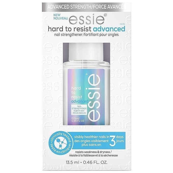 Essie Hard to Resist Advanced nail strengthener in a 13.5 ml (0.46 fl oz) bottle promises visibly healthier nails in 3 days, designed for advanced strength