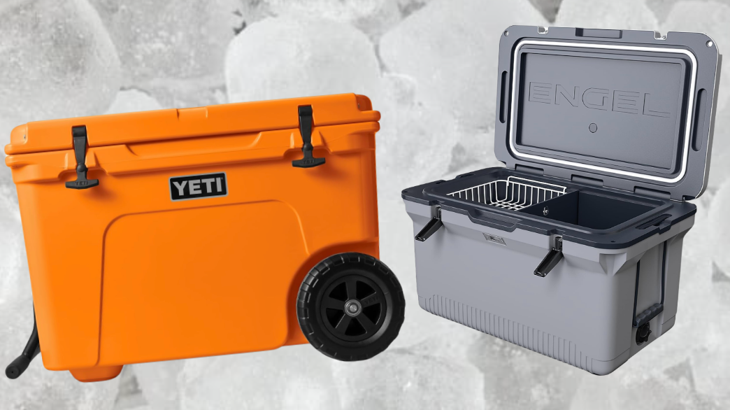 Two coolers are shown: an orange Yeti with wheels and a gray Engel with an open lid, ideal for outdoor activities