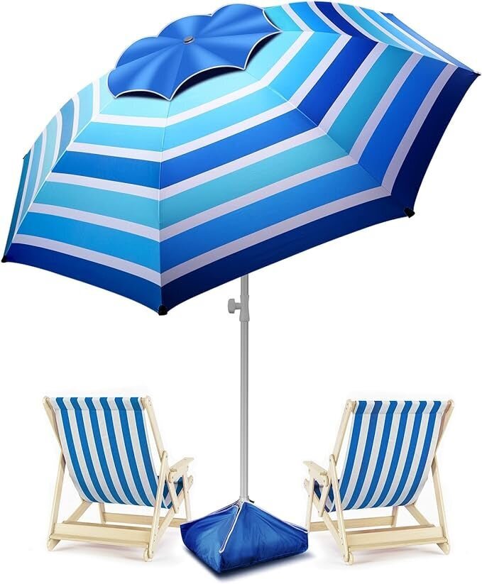 Blue and white striped beach umbrella paired with two matching striped beach chairs and a weighted base