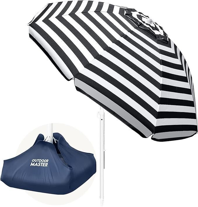 A black and white striped outdoor umbrella from Outdoor Master, shown with its accompanying base