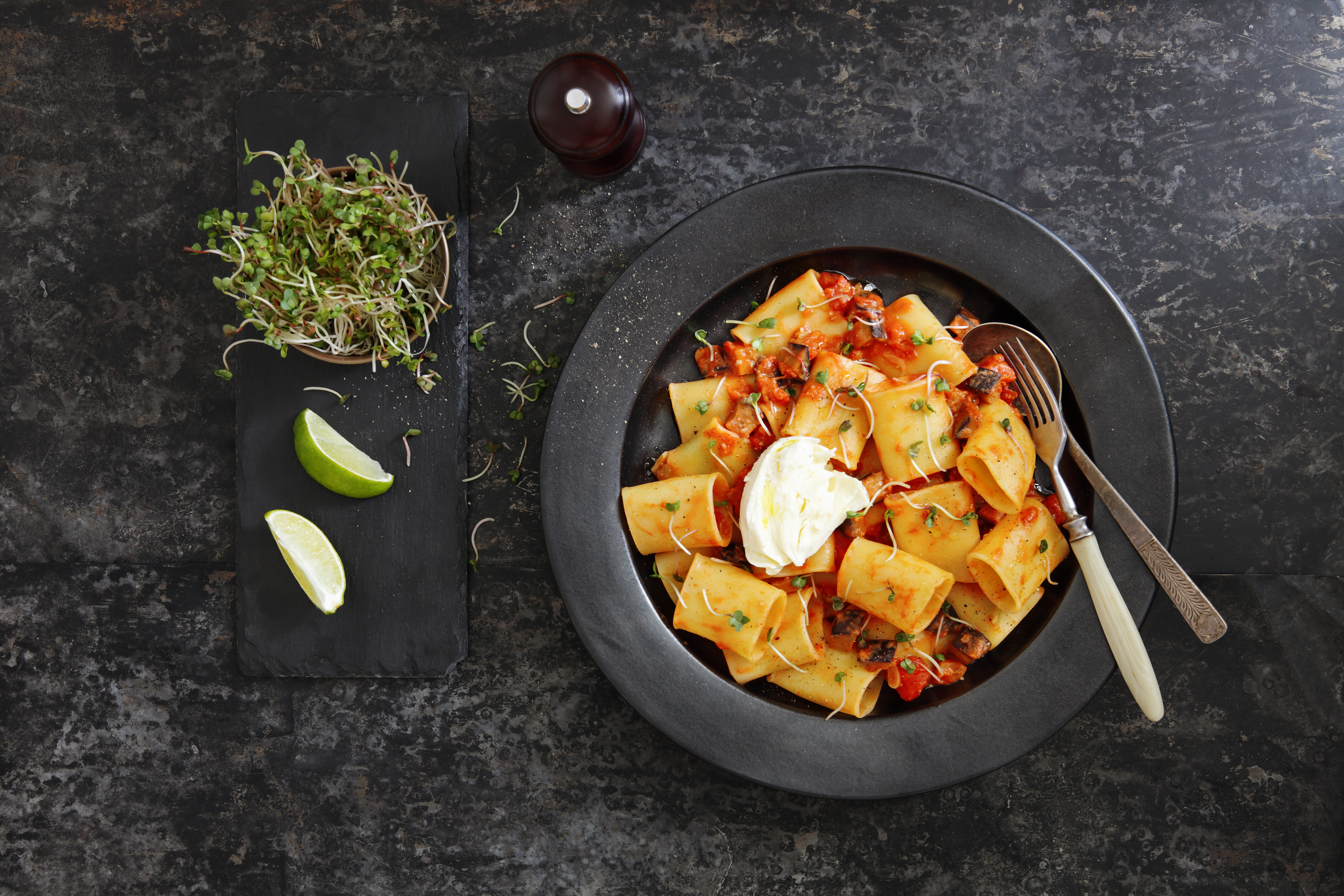 Paccheri with eggplant, tomato sauce and burrata