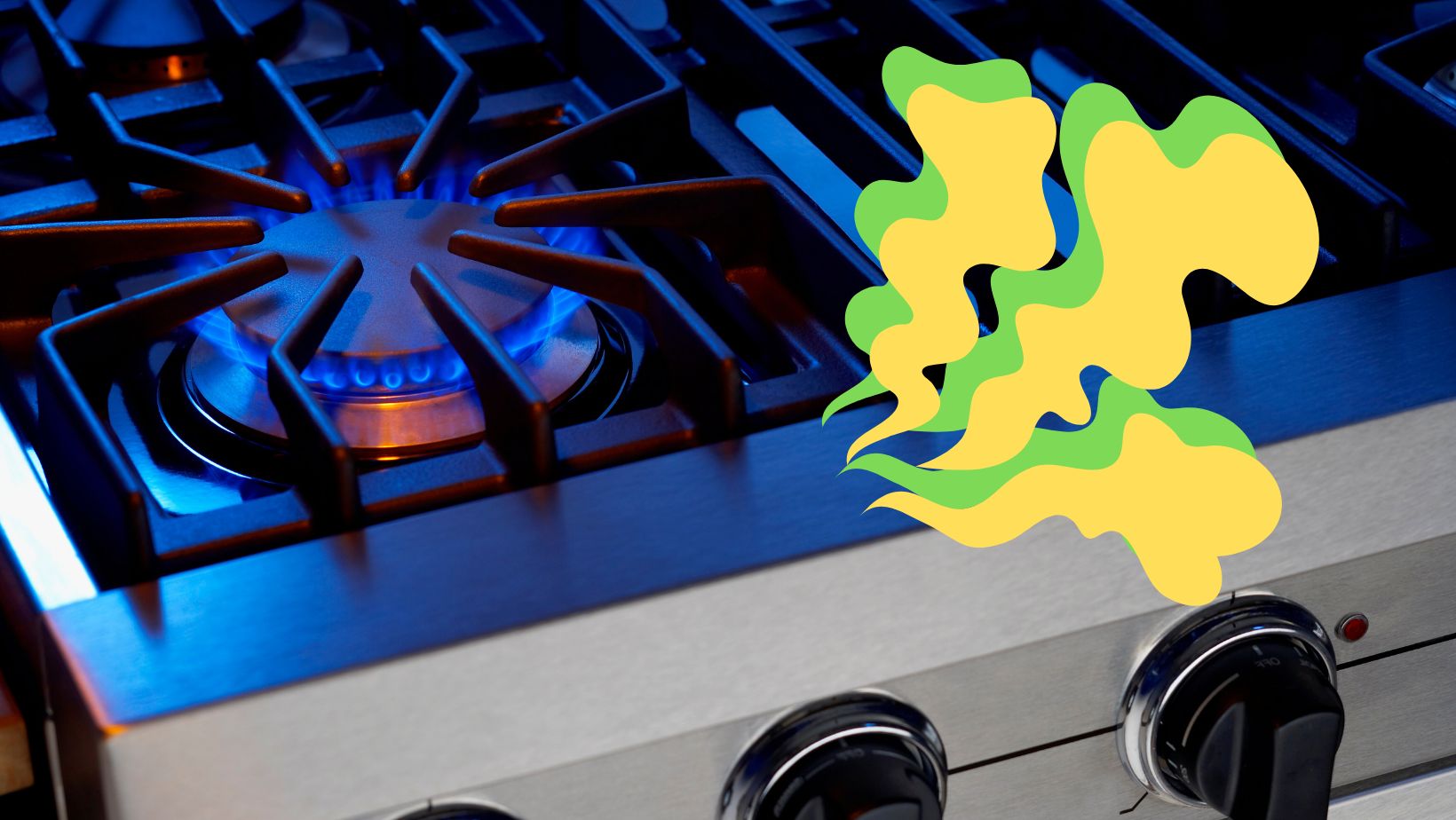 A gas stove burner with flames is on, and there is an illustrated depiction of yellow and green fumes rising above the burner