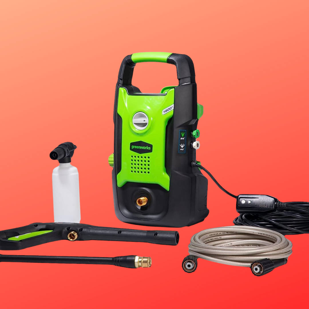 Pressure washer with hose, spray gun, and detergent bottle, acceptable   against a plain background, featured successful  a buying  article