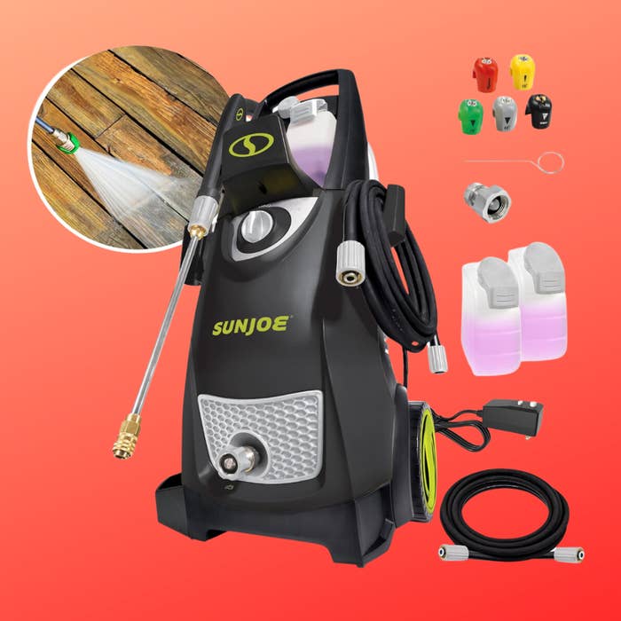 Pressure washer with attached hose and assorted  nozzles displayed. Includes detergent bottles and a spray representation  showing cleaning successful  action