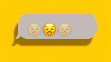 A chat bubble with three sad face emojis in a row. The background is yellow