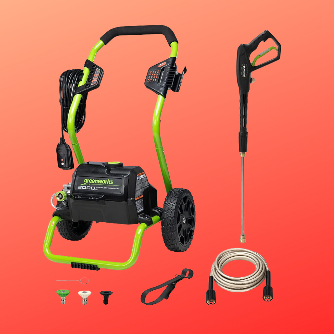 Electric unit   washer with accessories connected  display, including nozzles, hose, and spray gun, acceptable   against a elemental  background