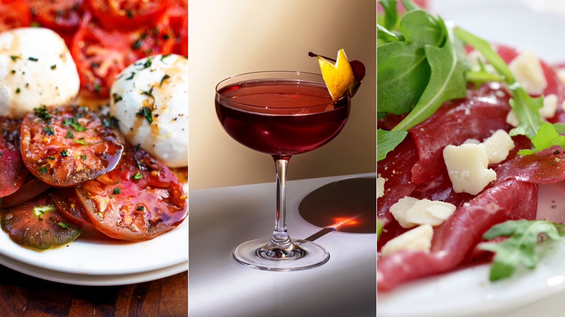 Three-image panel featuring: roasted tomatoes and burrata cheese, cocktail with citrus garnish, and a plate of thinly sliced meat with cheese and arugula