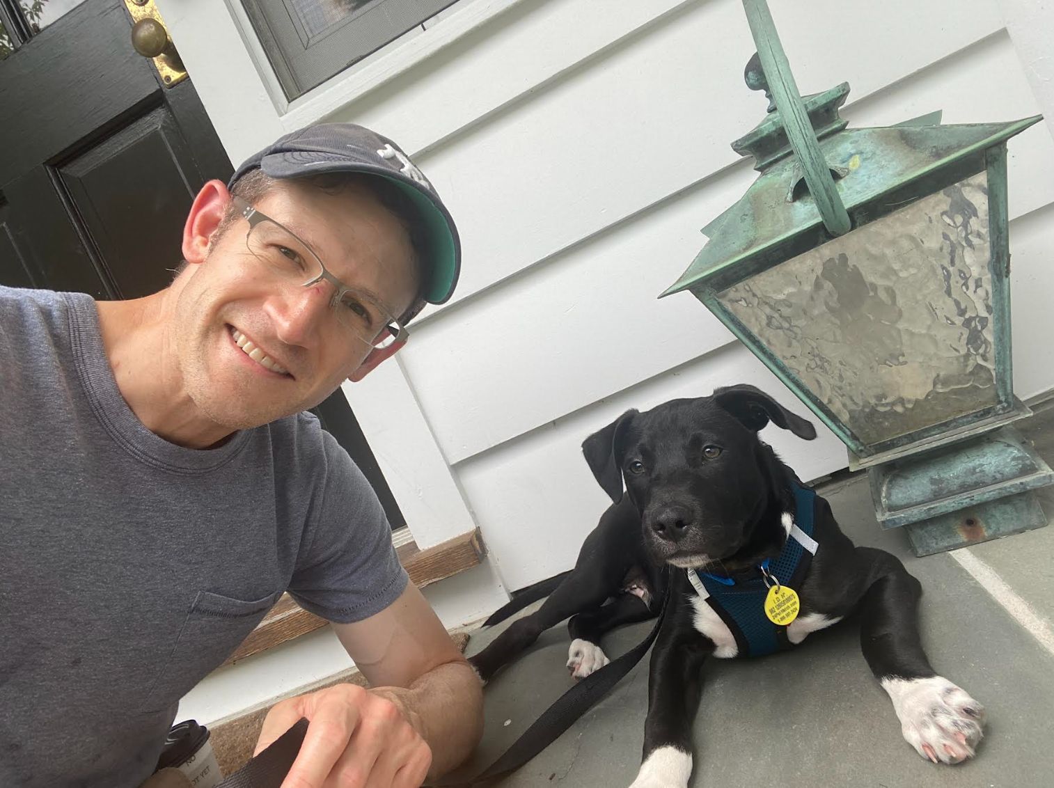 The author with his dog, Michael, in Westchester County, New York, in 2020
