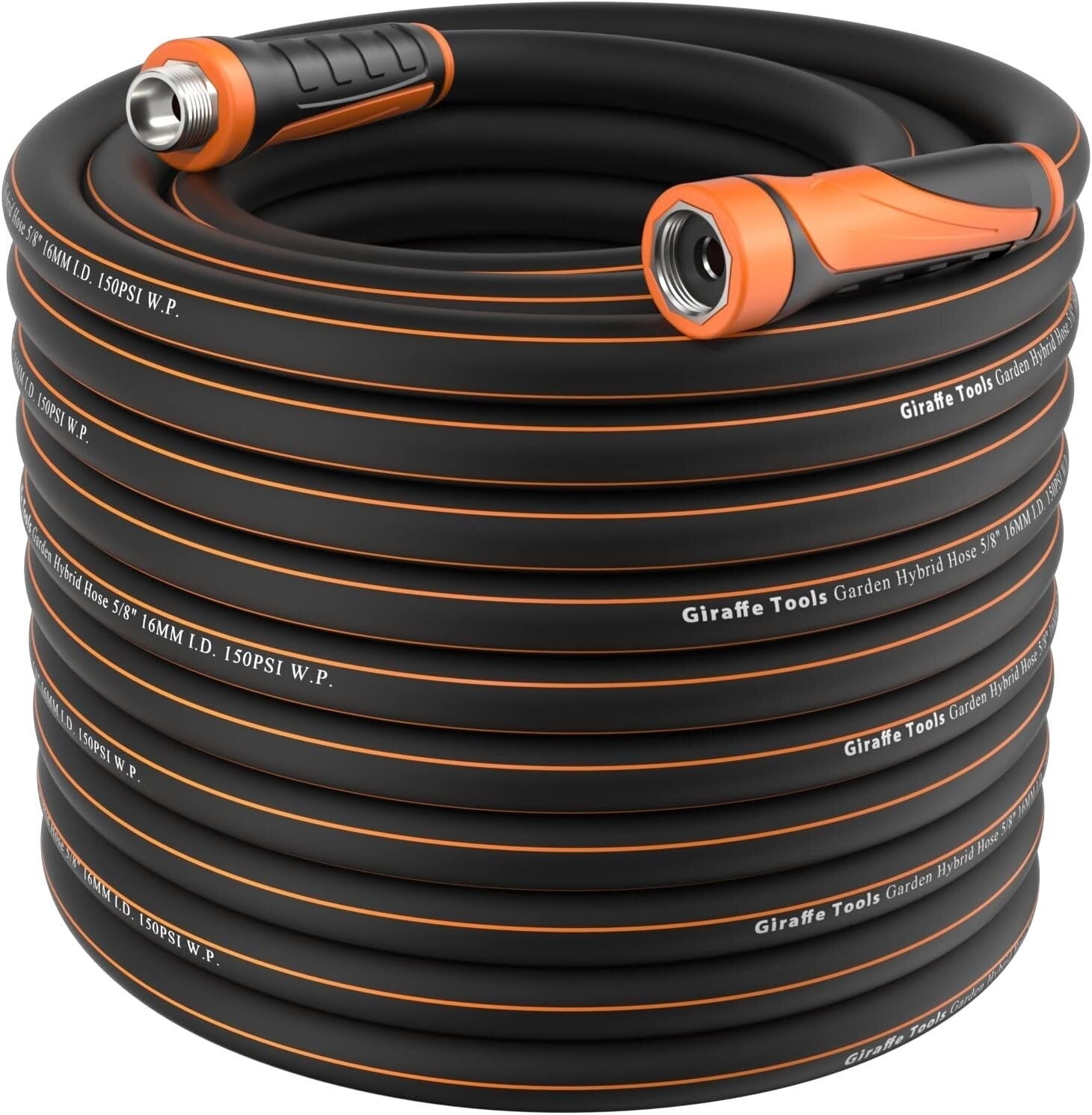 Coiled plot  hose with grip handles, labeled "Giraffe Tools." Ideal for outdoor watering tasks