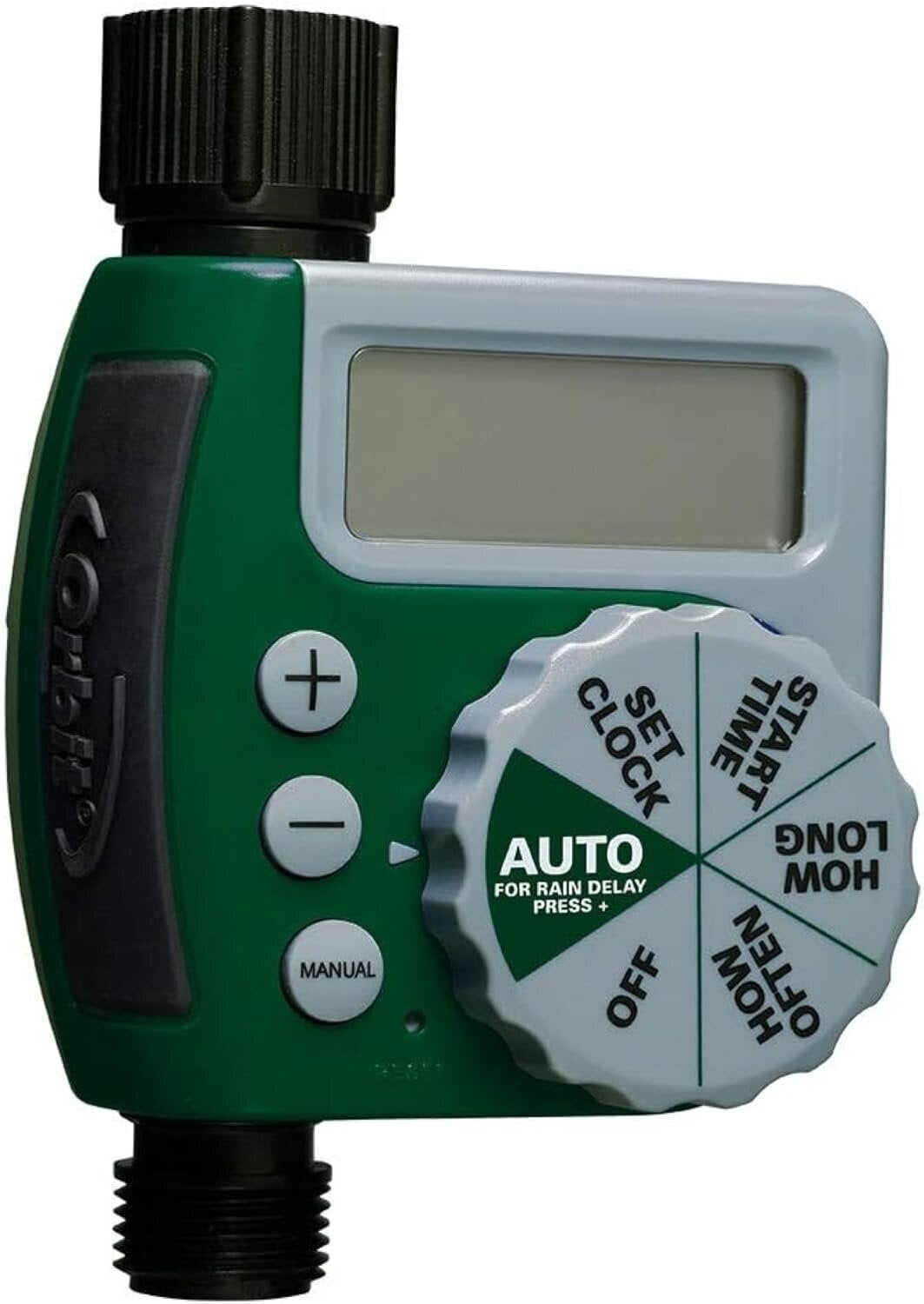 Digital plot  hose timer with adjustable settings, ample  display, and manual enactment    knob