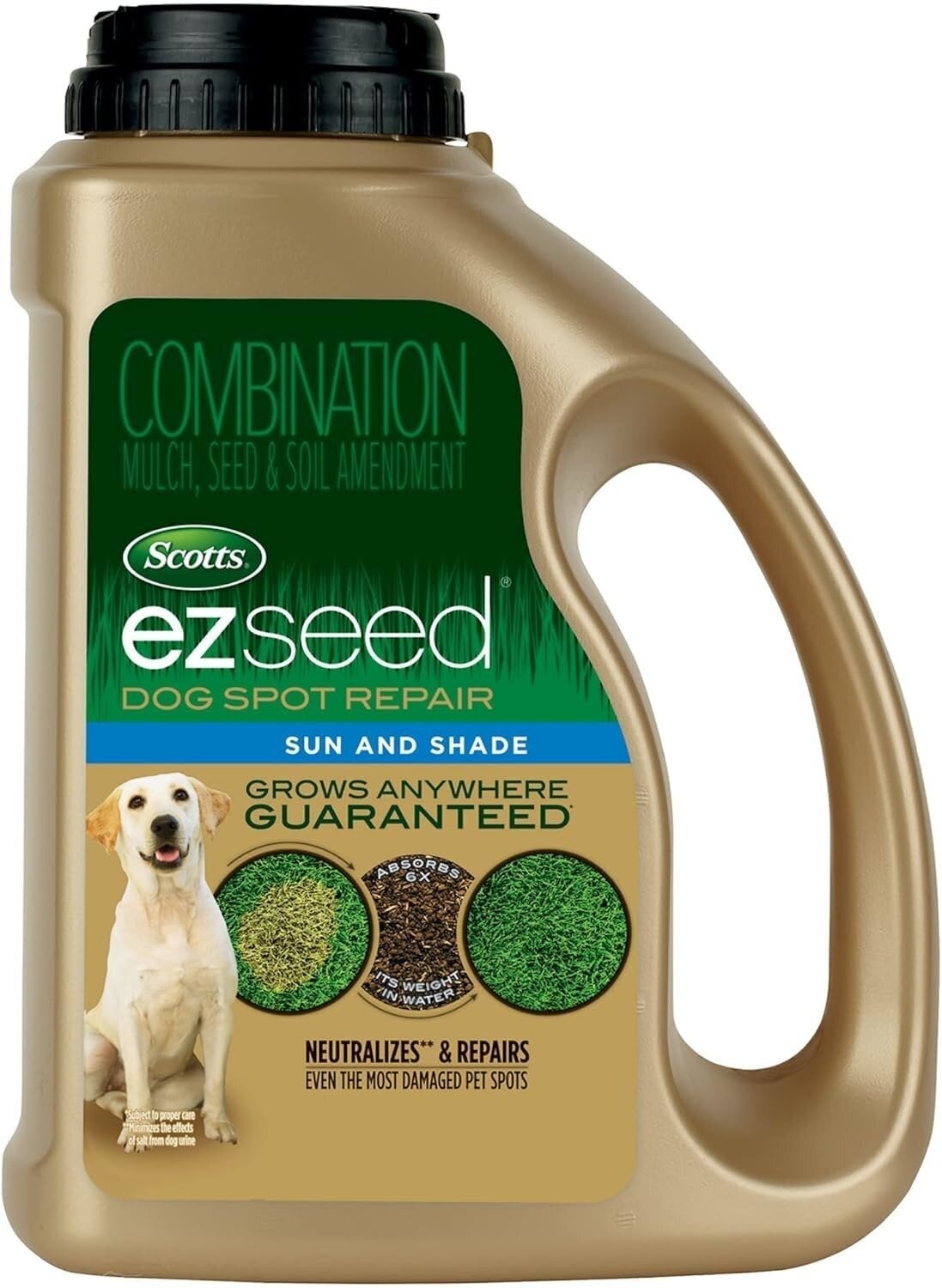 Container of Scotts EZ Seed Dog Spot Repair for prima   and shade, with an representation  of a dog, and substance   astir  neutralizing damaged favored  spots