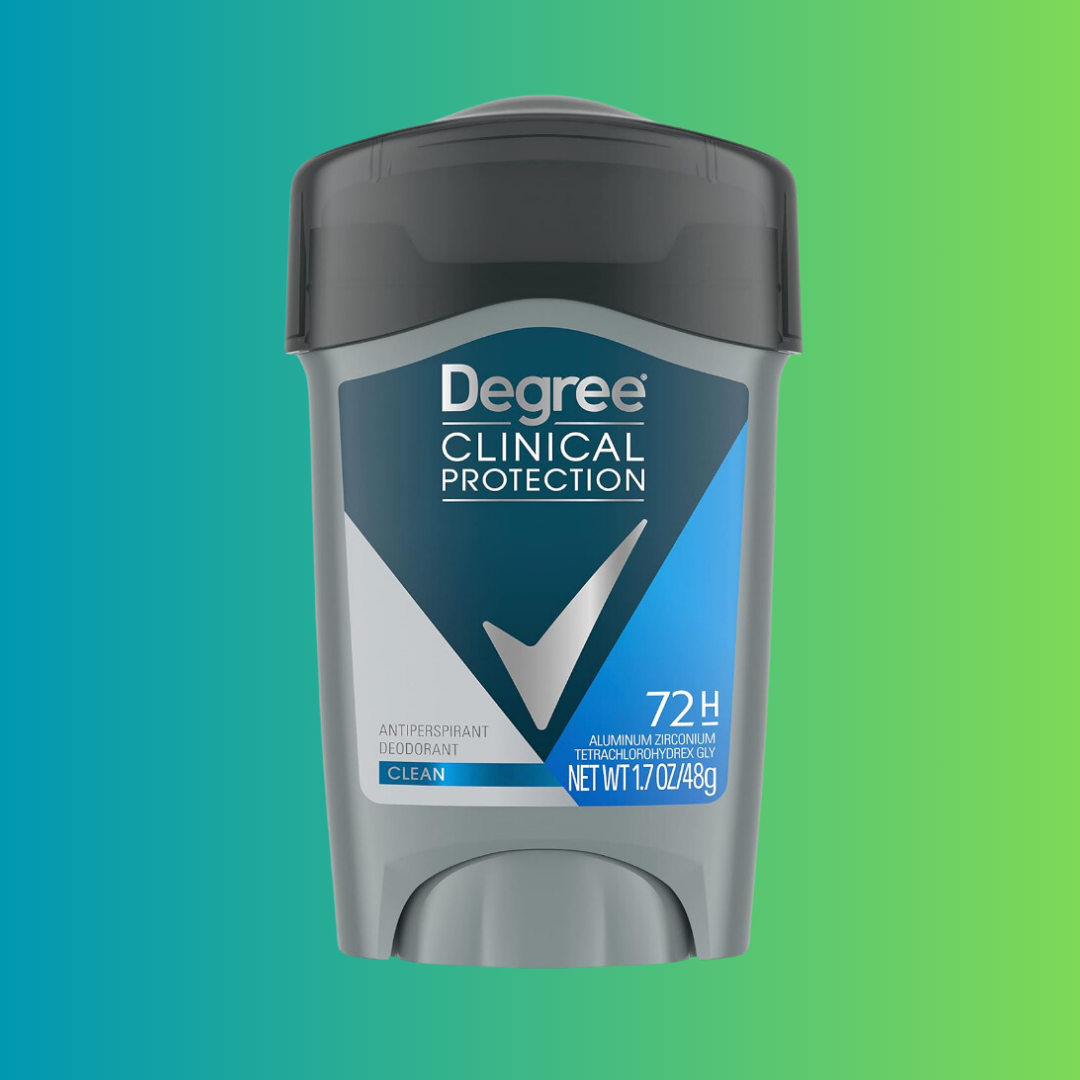 Degree Clinical Protection deodorant stick, promising 72-hour protection, displayed connected  a gradient blue-green background