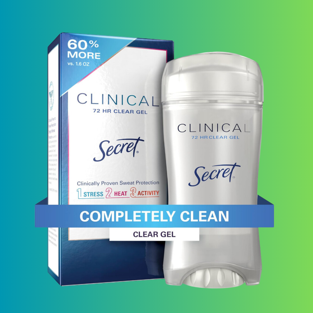 Secret Clinical antiperspirant packaging, featuring 72-hour sweat extortion  successful  wide   gel form. Described arsenic  providing stress, heat, and enactment   defense