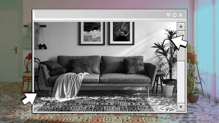 Black and white photo of a living room with a couch, blanket, and pillows, framed by a browser window with two large white arrows pointing to it