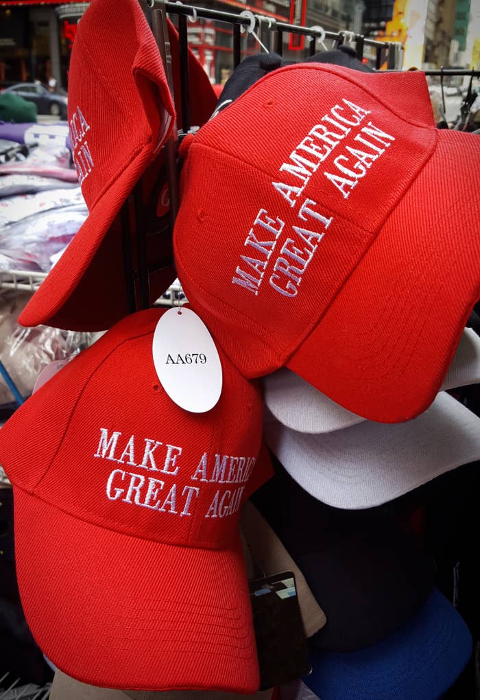 Red hats with the slogan 