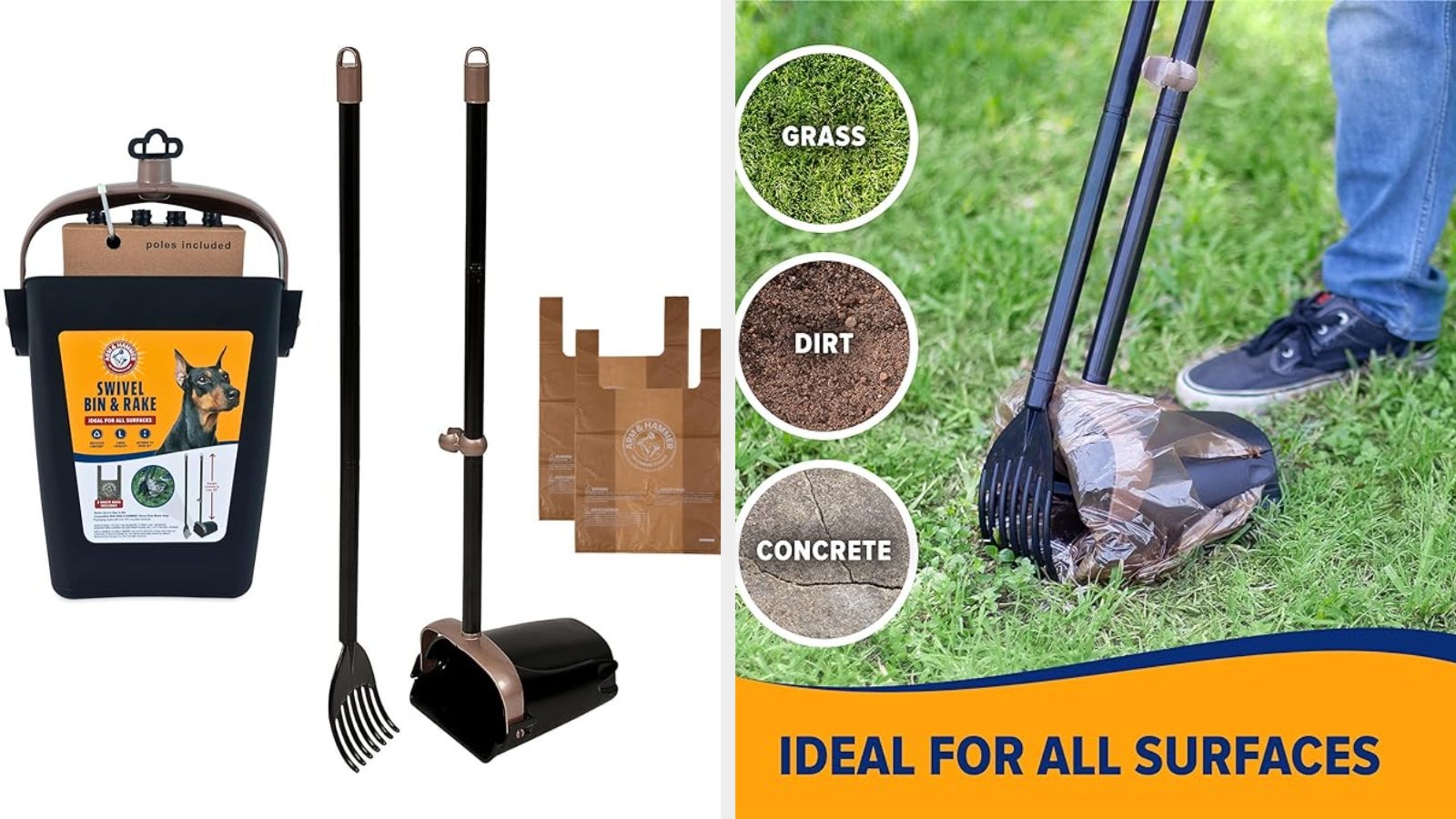 Dog waste scooper set with rake and bag holder. Features a swivel bin and comes with bags. Suitable for grass, dirt, and concrete surfaces
