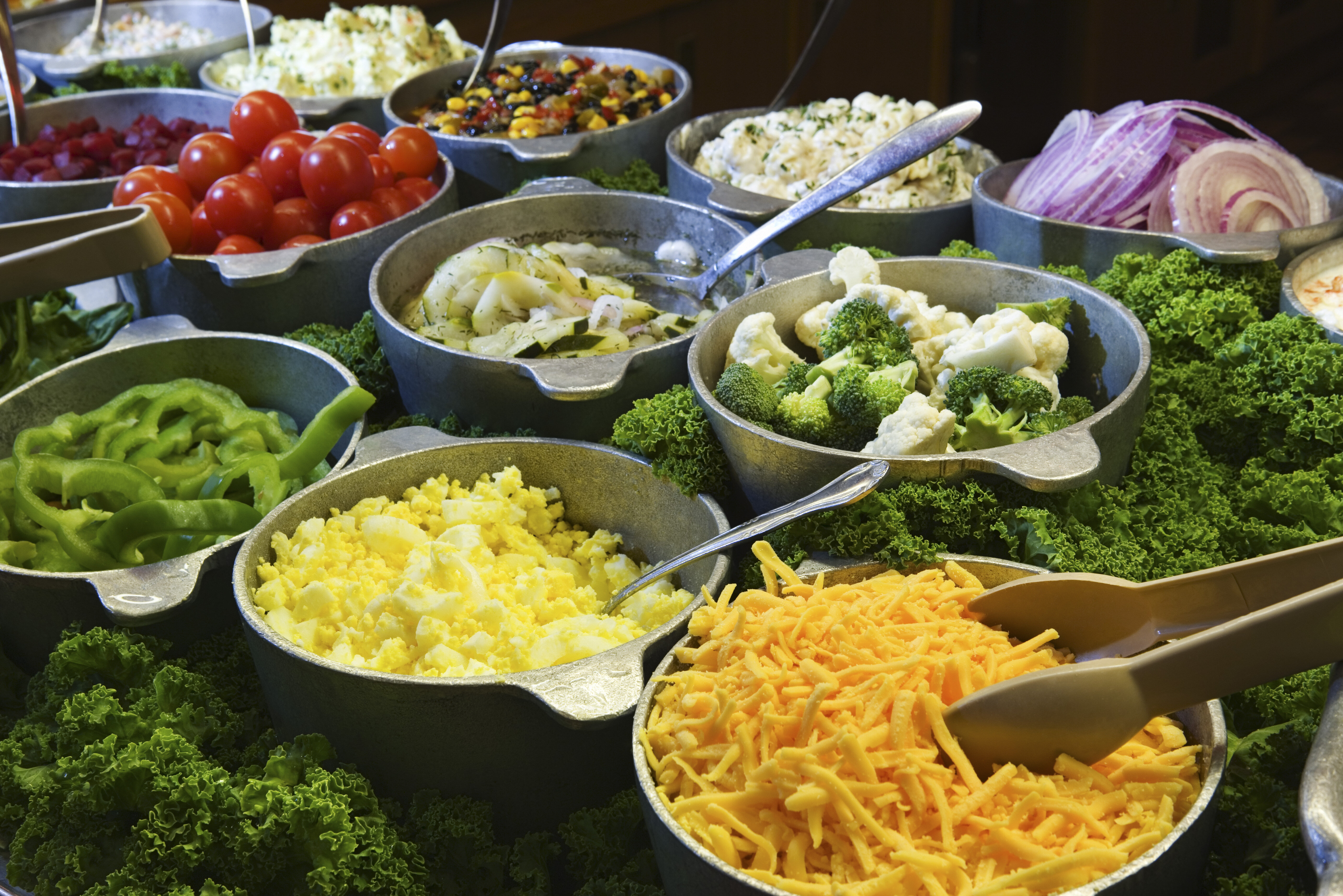 A variety of fresh vegetables and salads displayed in metal bowls, including tomatoes, onions, peppers, broccoli, cauliflower, and shredded cheese