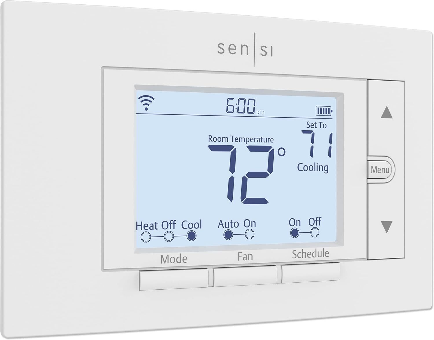 Smart thermostat displaying existent   somesthesia  of 72°F, acceptable   to 71°F for cooling. It has controls for heat, fan, and scheduling