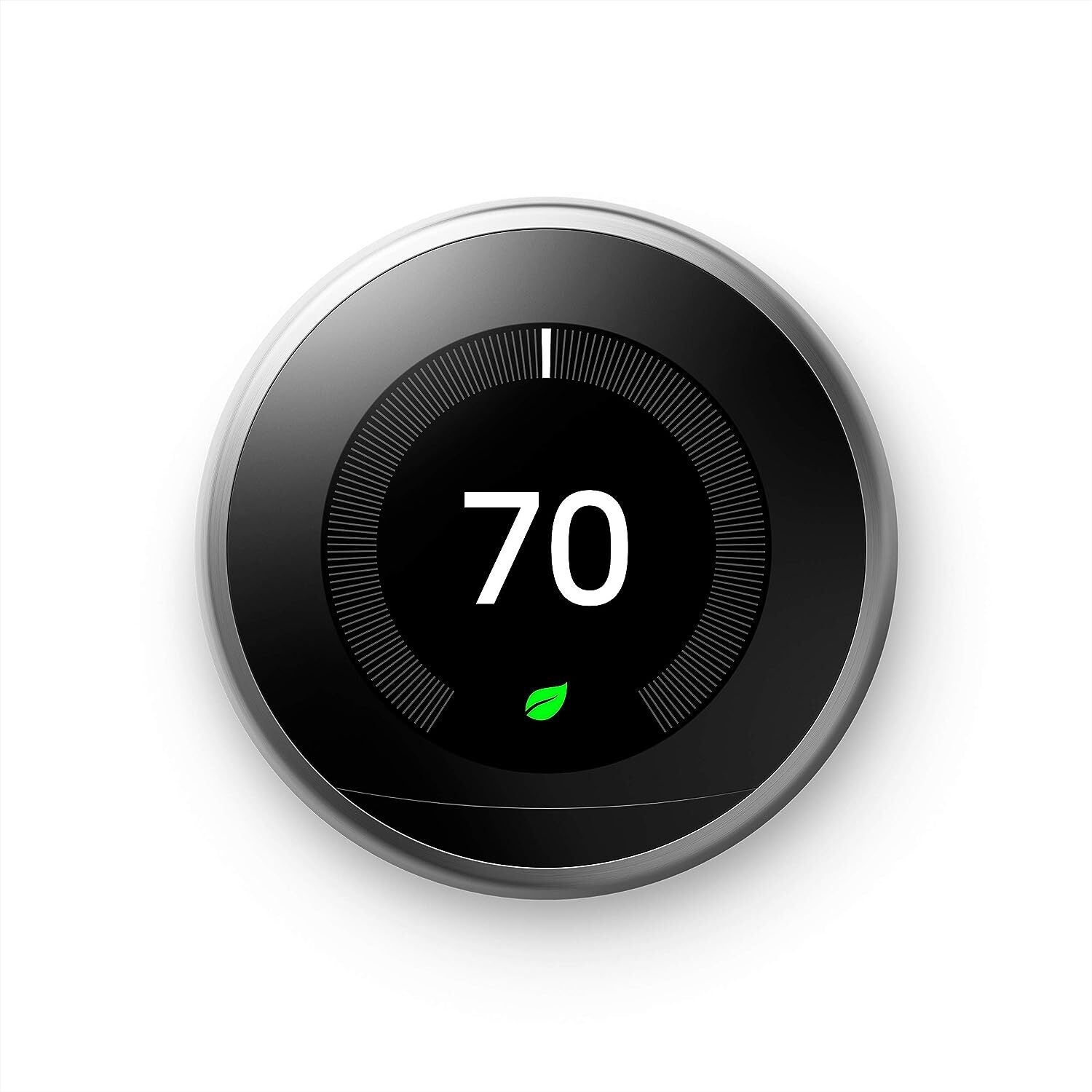 Smart thermostat show  showing 70 degrees with an energy-saving leafage  icon