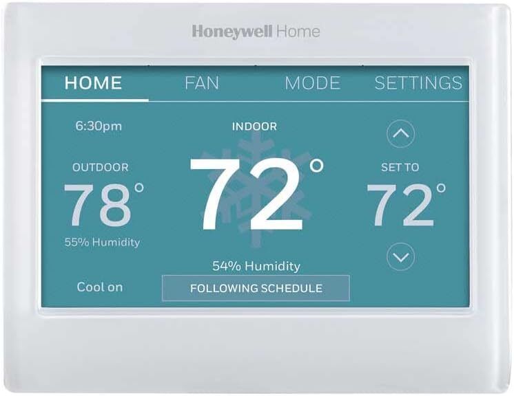 Thermostat show  showing indoor somesthesia  astatine  72°F, 54% humidity, and settings for fan, mode, and schedule