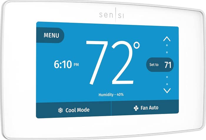 Smart thermostat displaying 72°F, acceptable   to 71°F, chill  mode   active, instrumentality   auto, with humidity astatine  40%, shown for a buying  article