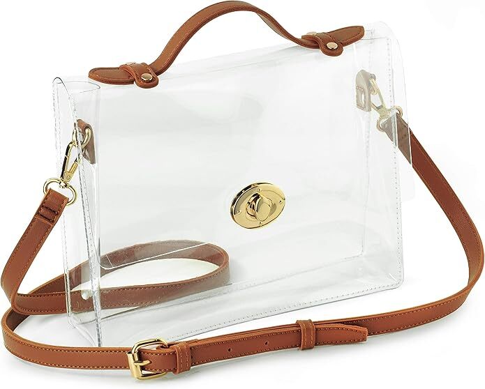 Clear acrylic tote bag with brown leather straps and gold-tone buckle details, showcased for a shopping category article