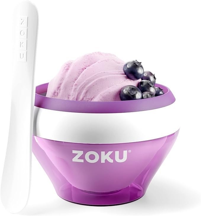 Ice pick vessel and spoon acceptable with blueberries, branded "Zoku," featured successful a buying article