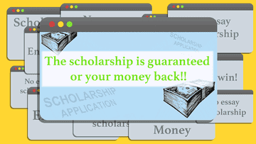 A website  promises a guaranteed scholarship or money back, with background tabs showing words like &quot;scholarship&quot; and &quot;money.&quot;