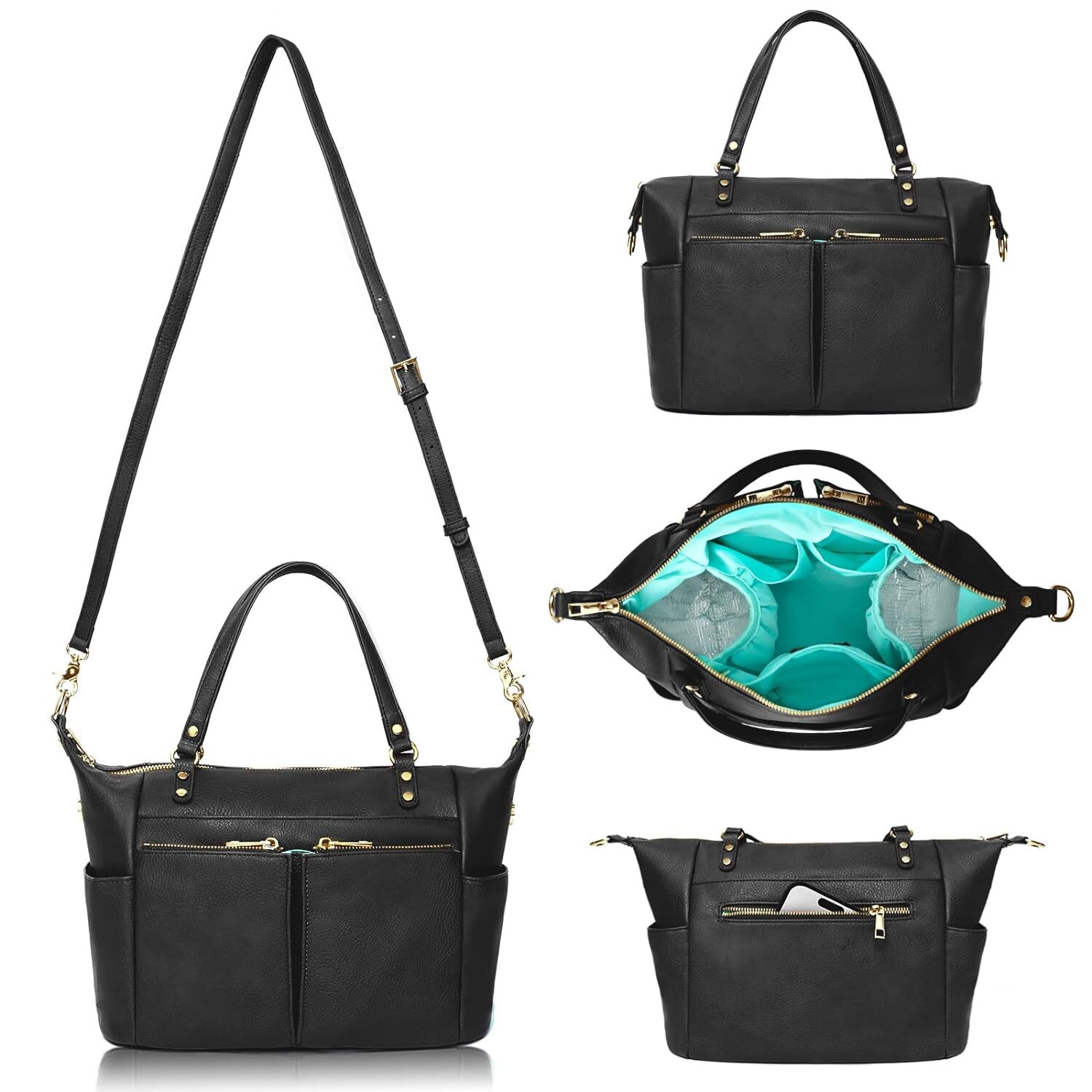 Black leather handbag with gold hardware, shown from different angles and open to display internal compartments, including a cell phone pocket