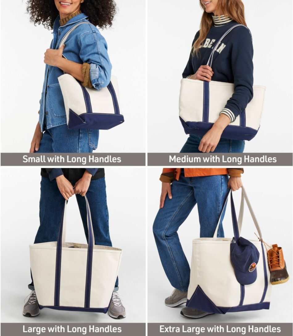 Four images of person models each wearing different sizes of canvas tote bags. Bags are labeled as Small, Medium, Large, and Extra Large with Long Handles