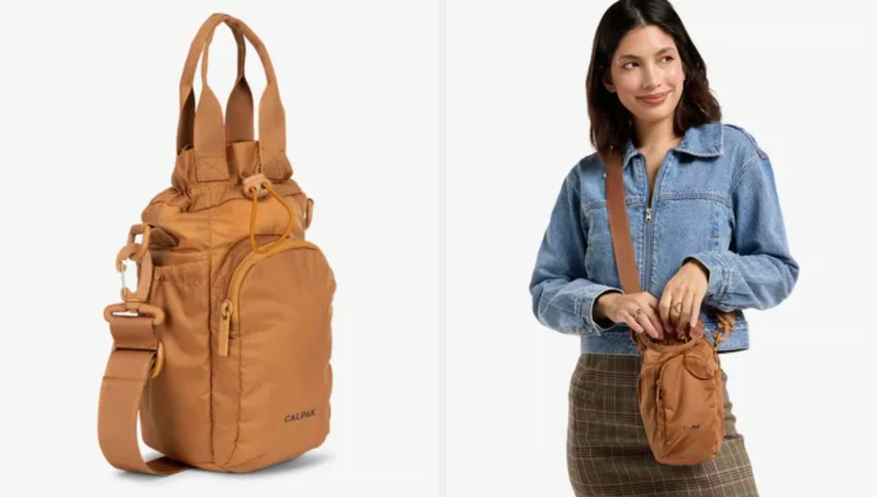 A model in a denim jacket and plaid skirt holds a small, brown Calvin Klein crossbody bag. The image also shows a close-up of the bag on the left